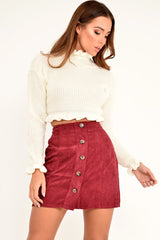 Wine Corduroy Button Front Mini Skirt - Elcie