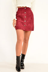 Wine Corduroy Button Front Mini Skirt - Elcie