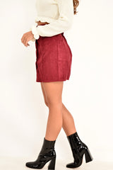 Wine Corduroy Button Front Mini Skirt - Elcie