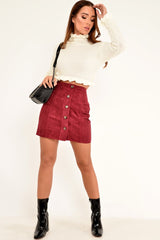 Wine Corduroy Button Front Mini Skirt - Elcie