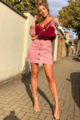 Pink Corduroy Button Front Mini Skirt - Elcie