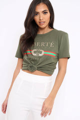 Khaki Liberte Slogan T-shirt - Eleanor