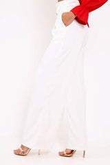 White Belted High Waist Wide Leg Trousers - Elianny