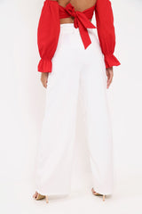 White Belted High Waist Wide Leg Trousers - Elianny