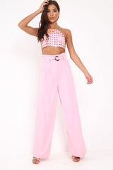 Pink Belted High Waist Wide Leg Trousers - Elianny