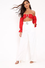 White Belted High Waist Wide Leg Trousers - Elianny