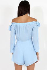 Blue Bardot Tie Sleeve Playsuit - Elisa