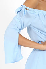 Blue Bardot Tie Sleeve Playsuit - Elisa