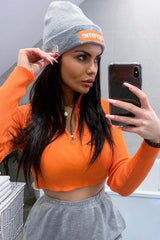 Orange Half Zip Rib Crop Jumper - Elisea