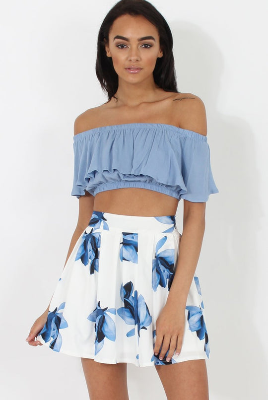 White & Blue High Waisted Skater Skirt - Elisha