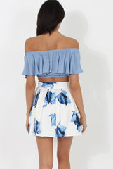 White & Blue High Waisted Skater Skirt - Elisha