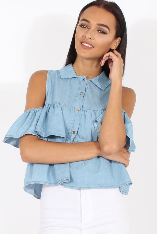 Light Blue Denim Cold Shoulder Top - Elizabeth