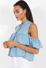 Light Blue Denim Cold Shoulder Top - Elizabeth