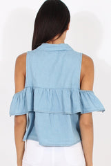 Light Blue Denim Cold Shoulder Top - Elizabeth