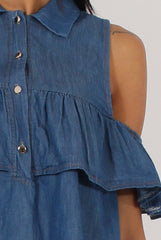 Dark Blue Denim Cold Shoulder Top - Elizabeth