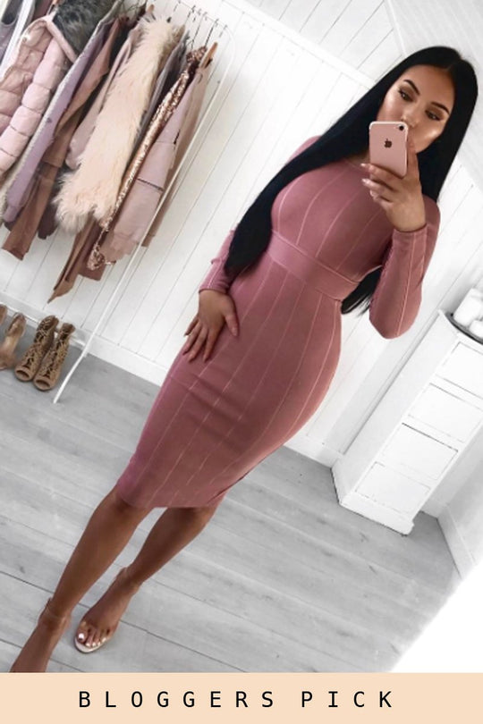 Pink Bandage Bodycon Buckle Detail Midi Dress - Ella