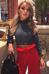 Grey Ruffle Hem With Stripe Trim Chunky Knit Crop Jumper - Alannah