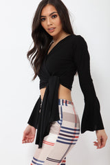Black Wrap Over Tie Front Crop Top - Ella