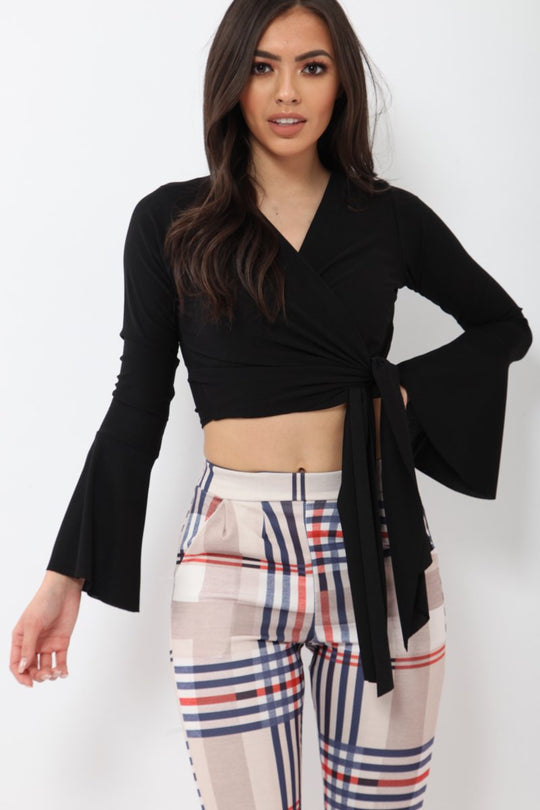 Black Wrap Over Tie Front Crop Top - Ella