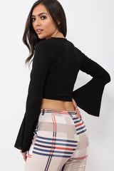 Black Wrap Over Tie Front Crop Top - Ella