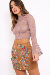 Purple Lace High Neck Crop Top with Key Hole Back - Ellah