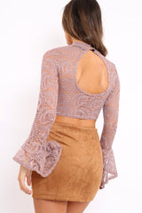 Purple Lace High Neck Crop Top with Key Hole Back - Ellah