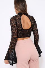 Black Lace High Neck Crop Top with Key Hole Back - Ellah