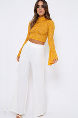 Mustard Lace High Neck Crop Top with Key Hole Back - Ellah