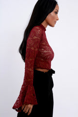Wine Lace High Neck Crop Top with Key Hole Back - Ellah