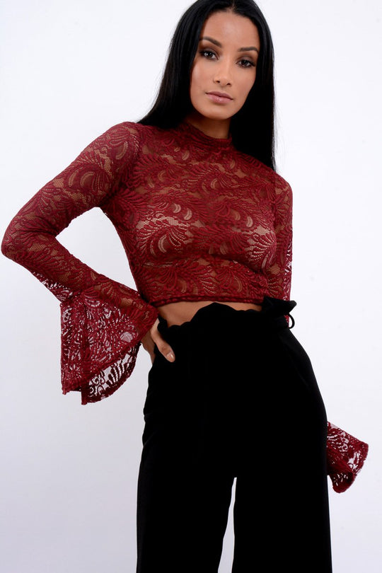 Wine Lace High Neck Crop Top with Key Hole Back - Ellah