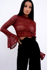 Wine Lace High Neck Crop Top with Key Hole Back - Ellah