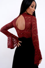 Wine Lace High Neck Crop Top with Key Hole Back - Ellah