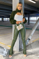 Khaki Side Split Flared Skinny PU Trouser - Zylah