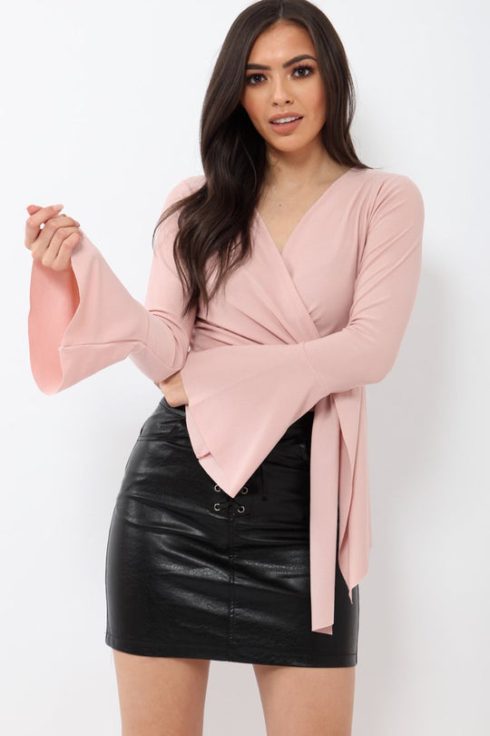 Nude Wrap Over Tie Front Crop Top - Ella