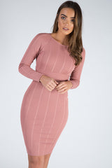 Pink Bandage Bodycon Buckle Detail Midi Dress - Ella