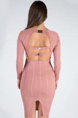 Pink Bandage Bodycon Buckle Detail Midi Dress - Ella