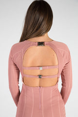 Pink Bandage Bodycon Buckle Detail Midi Dress - Ella