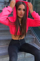 Neon Pink Zip Front Drawstring Waist Hoodie Crop Top - Rudi