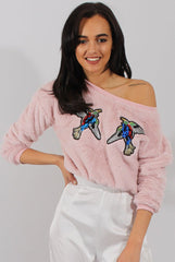 Fluffy Pink Applique Cropped Jumper - Elle