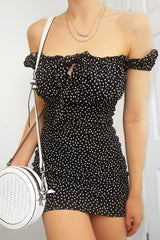 Black Polka Dot Bow Detail Milkmaid Mini Dress - Galena
