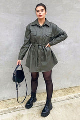Khaki Faux Leather Belted Shirt Mini Dress - Alese