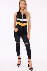 Black Mustard and White Chevron Zip Front Bodysuit - Elliani