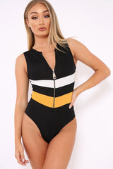 Black Mustard and White Chevron Zip Front Bodysuit - Elliani