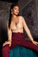 Nude Lace Long Sleeve Open Back Bodysuit - Ellice