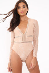 Nude Lace Long Sleeve Open Back Bodysuit - Ellice
