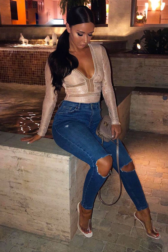 Nude Lace Long Sleeve Open Back Bodysuit - Ellice