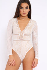 White and Nude Lace Long Sleeve Open Back Bodysuit - Ellice