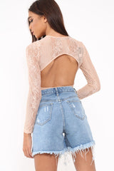 Nude Lace Long Sleeve Open Back Bodysuit - Ellice