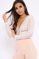 White and Nude Lace Long Sleeve Open Back Bodysuit - Ellice