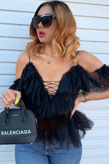 Black Bardot Tie Front Tulle Top - Jax